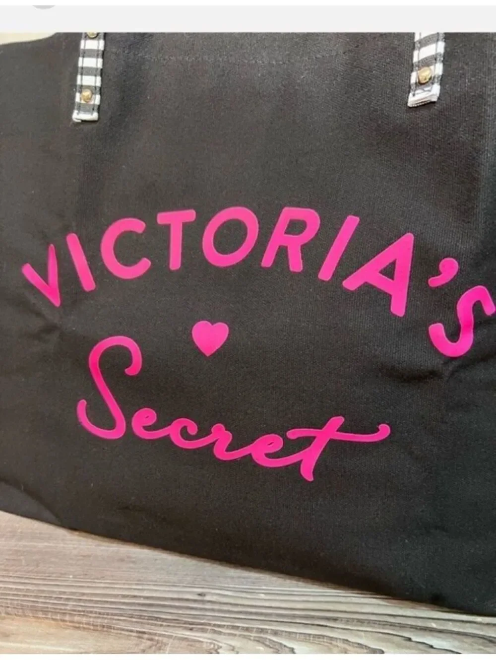 Victoria's Secret Black Canvas Tote Bag with Pink Logo and Striped Handles